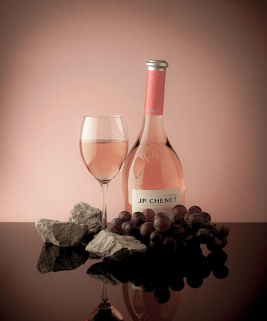 wine, rose, grapes, stones, mirroring, food and drink, refreshment, drink, bottle, glass
