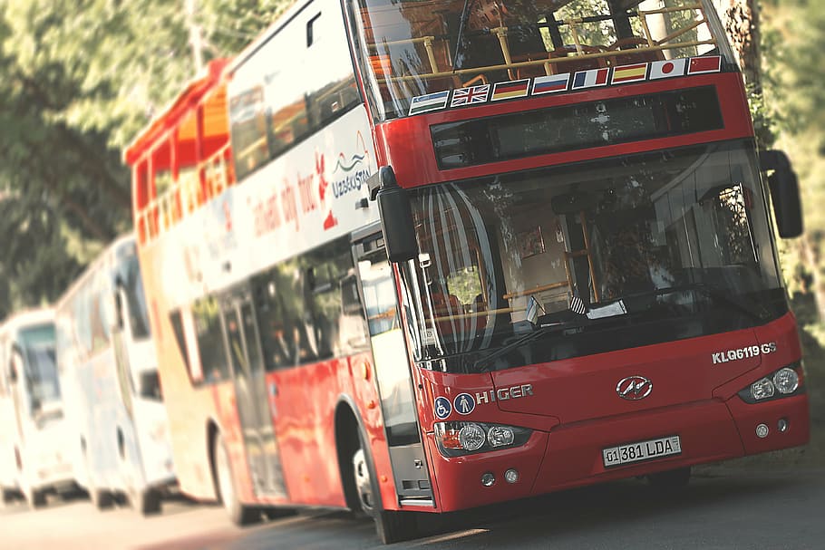 rojo, blanco, hyundai higer, doble, autobús de cubierta, carretera, autobús, doble piso, transporte, viajes