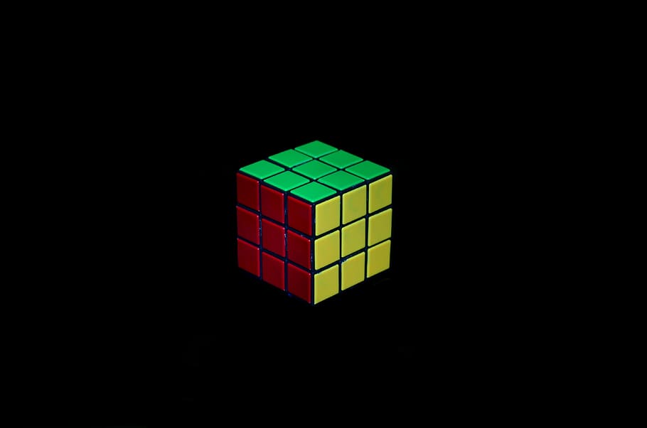 rubik's cube, black background, red, green, yellow, black, design, element, banner, background