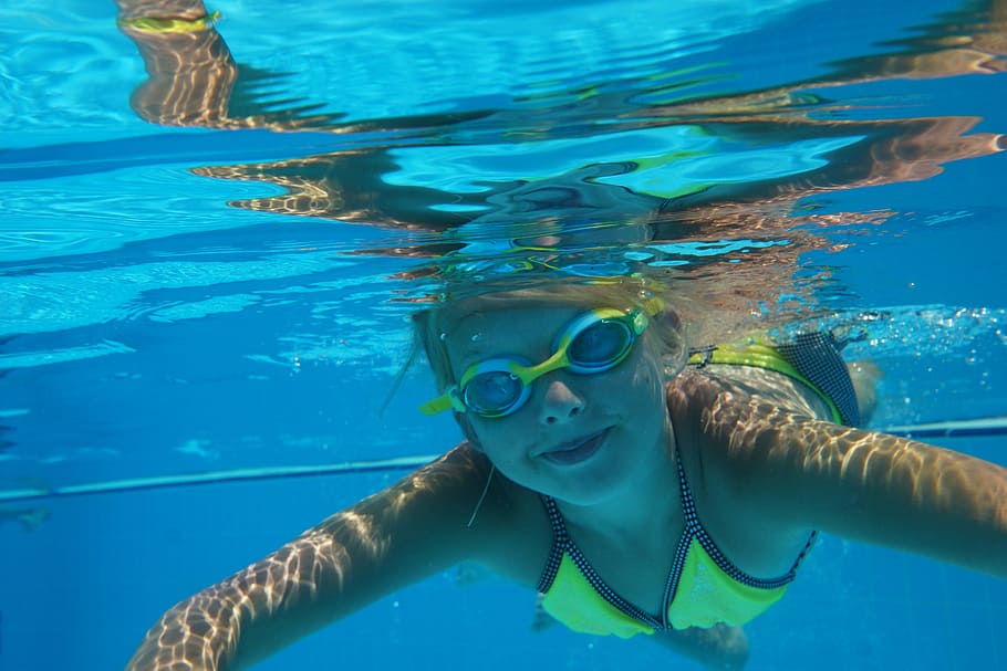 gadis, berenang, air, menyelam, musim panas, biru, perjalanan, bawah air, pantai, rekreasi