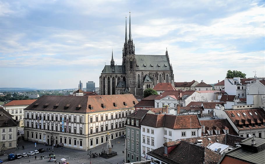 gray, cathedral, surrounded, houses, brno, cz, czech republic, moravia, middle ages, city