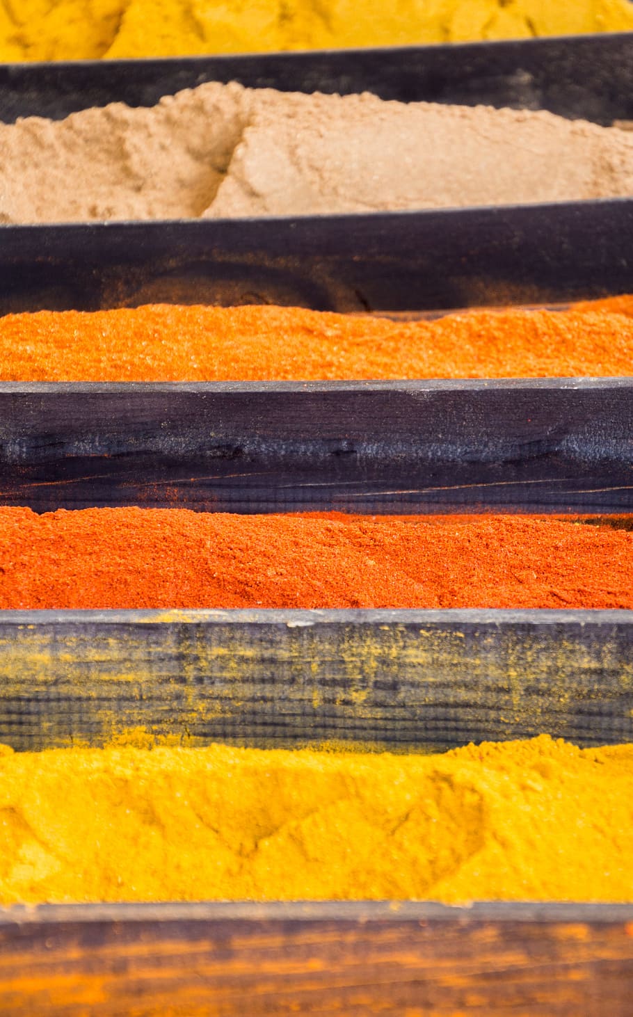 yellow, orange, powder, spices, curry, market stall, colorful, paprika, market, pepper