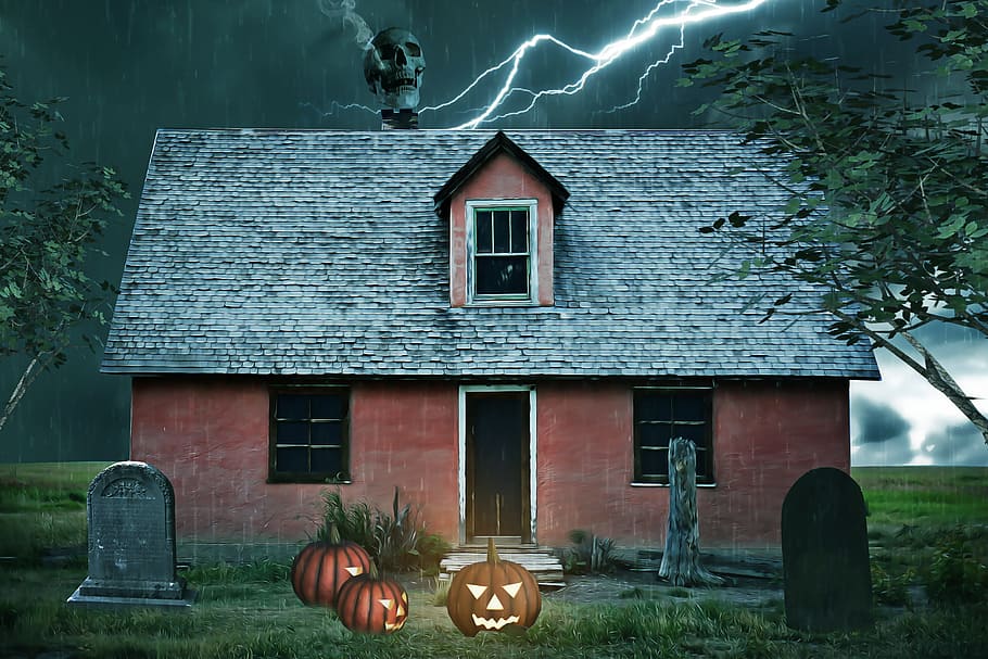 brown, gray, haunted, house, haunted house, halloween, spooky, night, storm, rain