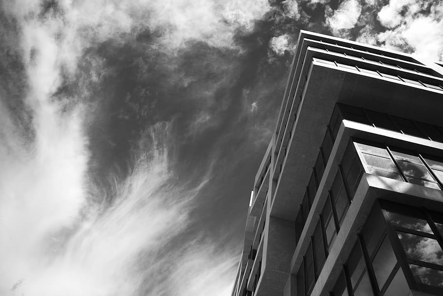 worm, eye view, building, cloudy, sky, architecture, infrastructure, black, white, black and white