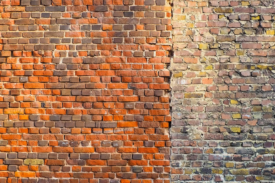 cleaned, orange, brick wall, left, side, dirt, brown, right side, wall, brick