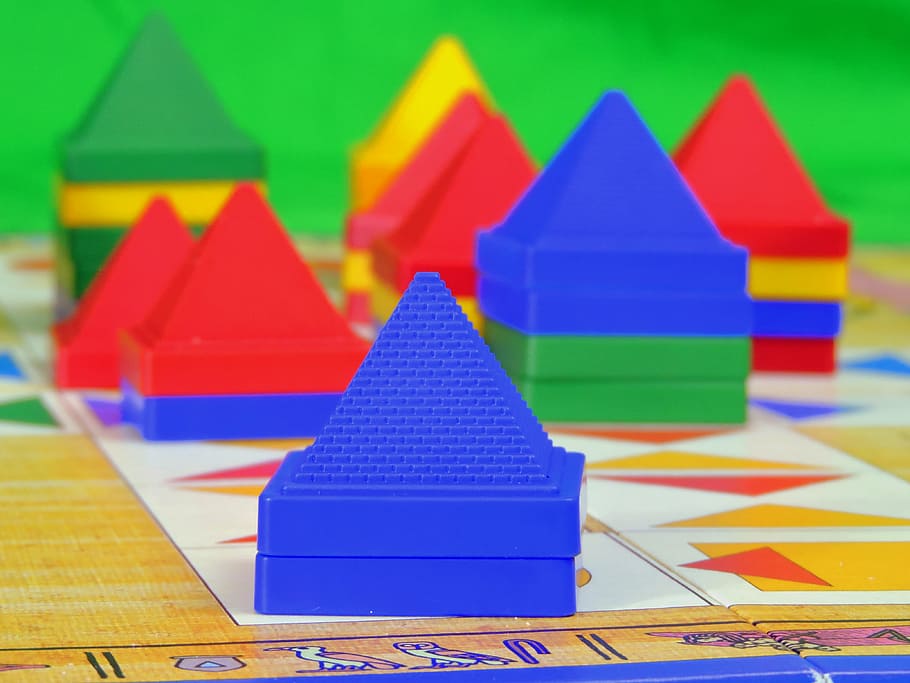 game, pyramids, play, board game, pastime, buildings, multi colored, toy block, shape, indoors