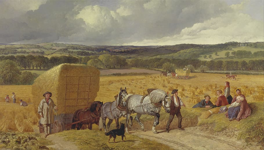 homem, de pé, ao lado de, cavalos pintando, John Herring, Artístico, Pintura, arte, óleo sobre tela, paisagem