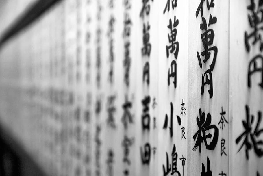 black, white, non-english script wall decor, art, blur, calligraphy, depth of field, japanese writing, pattern, text