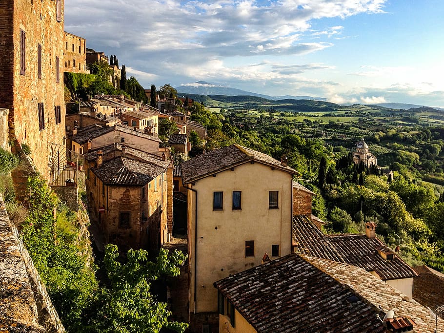 town, mountain, green, trees, montepulciano, toscana, italy, city, landscape, architecture