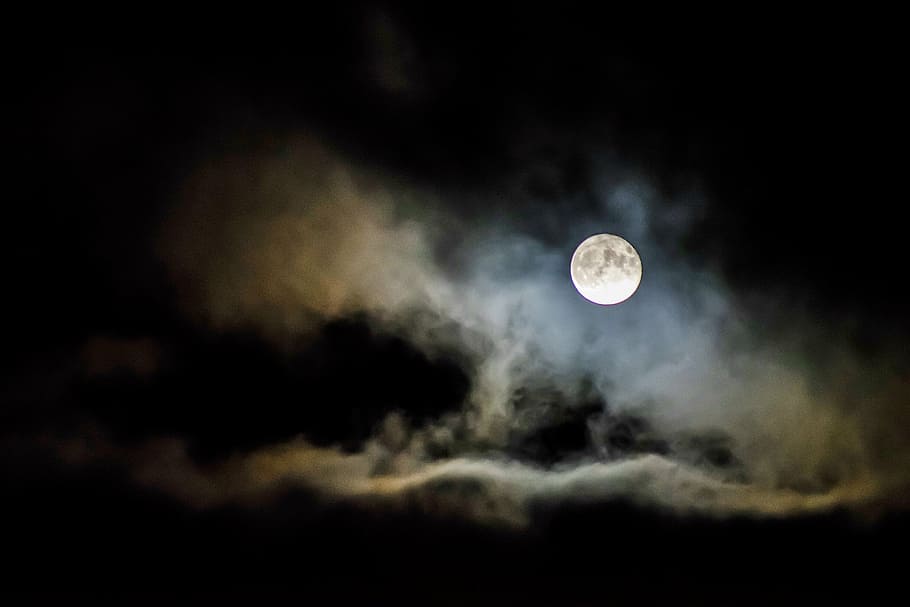 lua cheia, branco, nuvem, na frente, cheio, lua, noite, tempo, escuro, céu