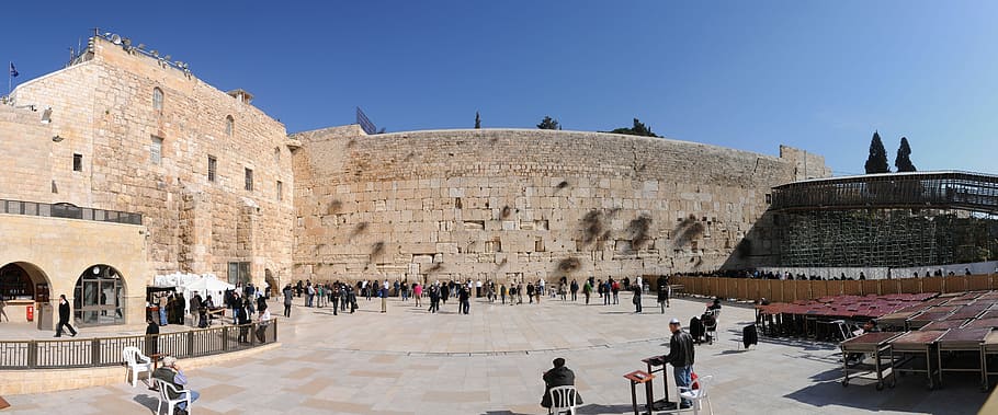 orang banyak, orang-orang, berdiri, di samping, coklat, beton, bangunan, Tembok Ratapan, Yerusalem, Israel