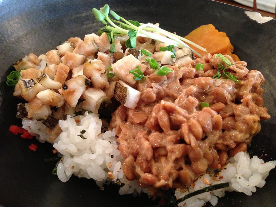 arroz al vapor, coberturas de carne, natto, comida, bob, sinsa dong, frijol, miso, restaurante, japón