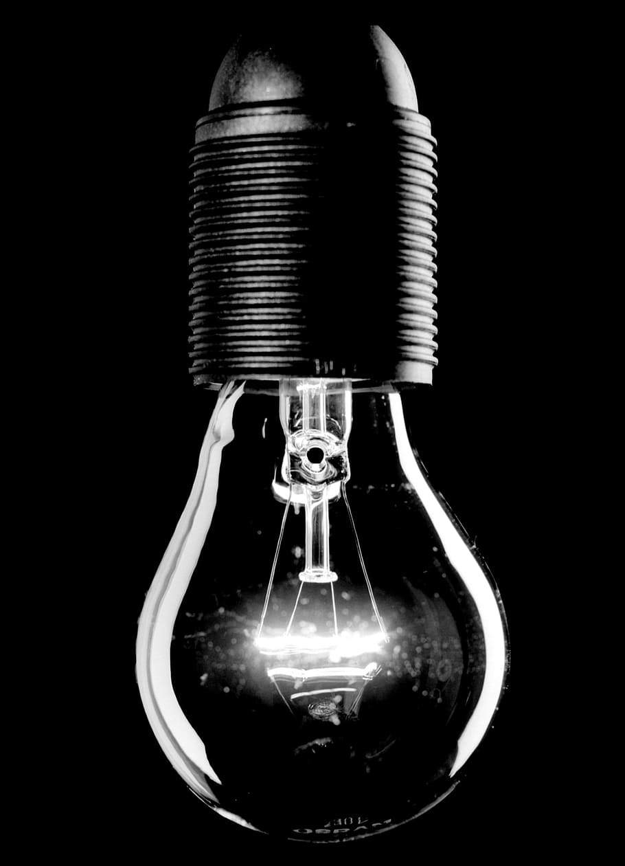 greyscale photo, light bulb, light, turned, pear, switched, energy, version, bright, bulbs