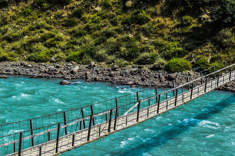 river, blue, mountain, rock, landscape, pakistan, bridge, outdoor, geology, hiking