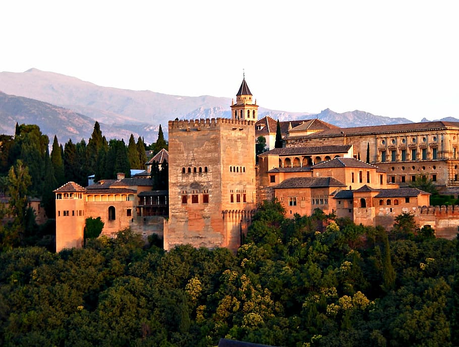 Marrón, edificio, rodeado, árboles, Alhambra, Granada, España, arquitectura, Andalucía, árabe