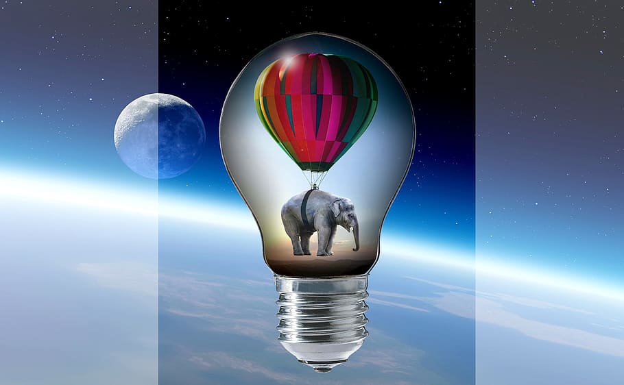 elephant, hot, hair balloon bulb artwork, balloon, pear, light bulb, clouds, moon, space, travel