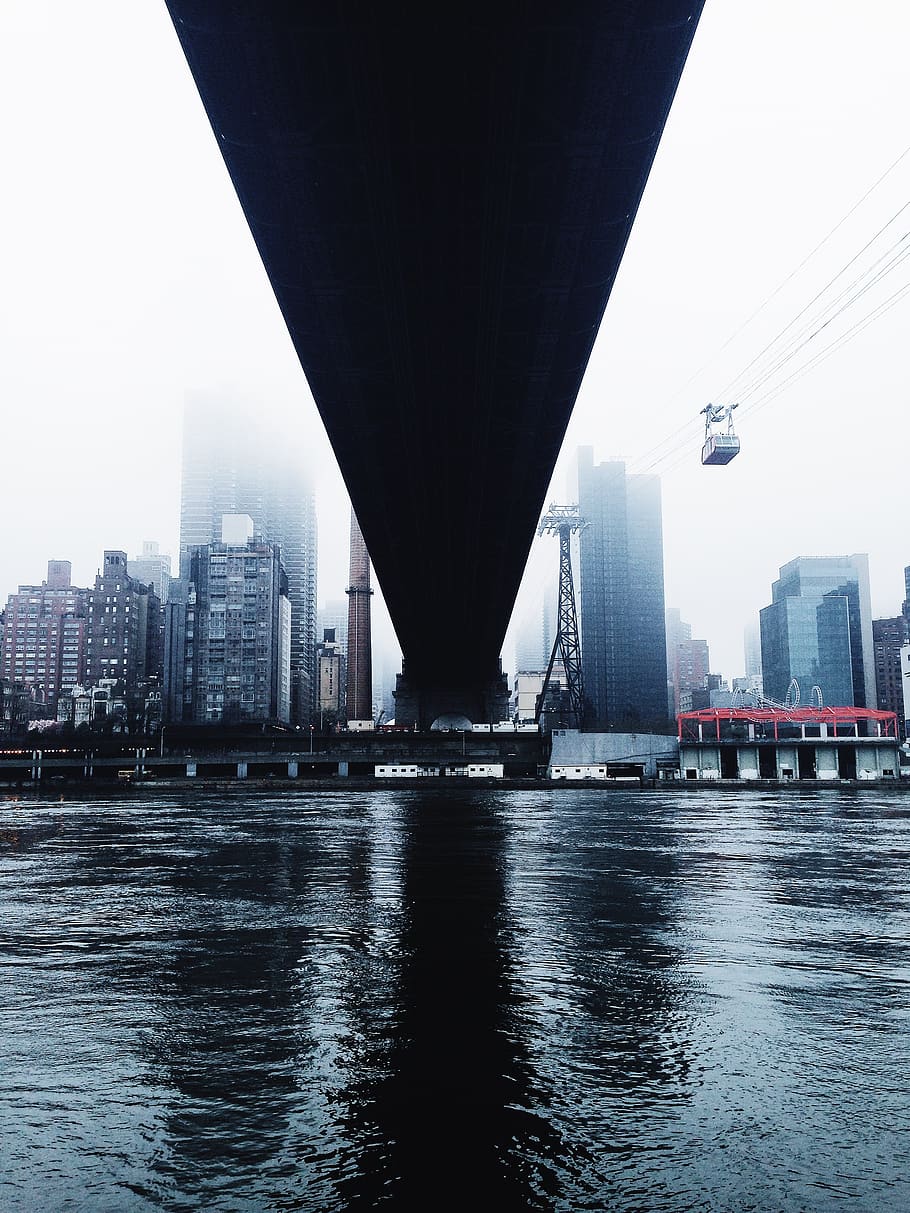 nyc, new york, jembatan, mobil, kota, kabut, refleksi, sungai, di bawah, perkotaan