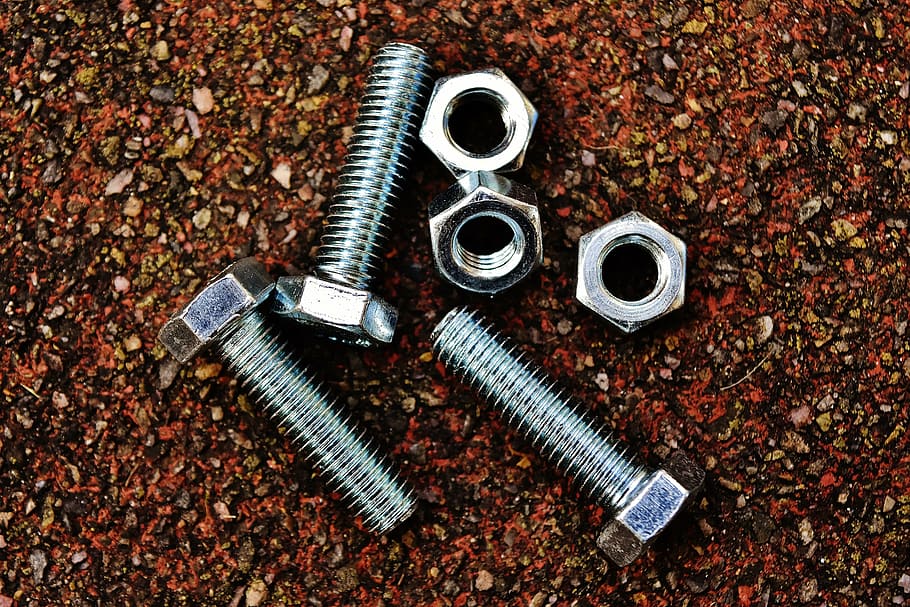 gray screw bits, screw, nuts, hex bolt, construction material, silver, industry, close-up, indoors, gear