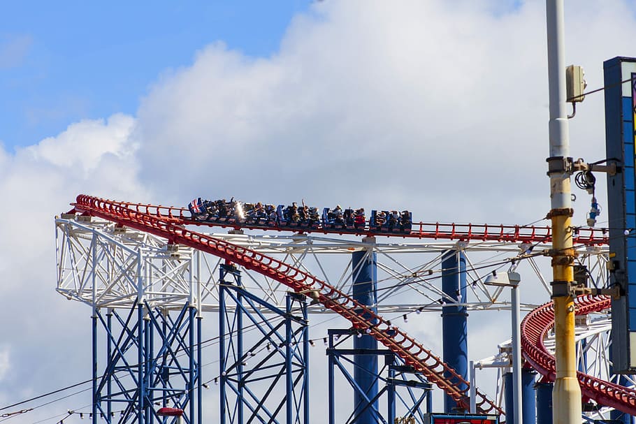 Blackpool, Rollercoaster, Funfair, park, ride, amusement, attraction, bridge - man made structure, day, sky