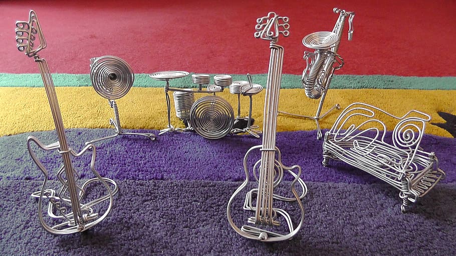 gray, steel, musical, instrument mini figure, purple, rug, intruments, decoration, wire, musical instruments