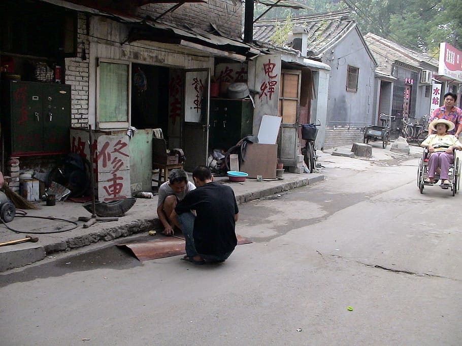 Pobreza, China, Pequim, Cidade Velha, não, humano, ruas, sentado, rua, dia
