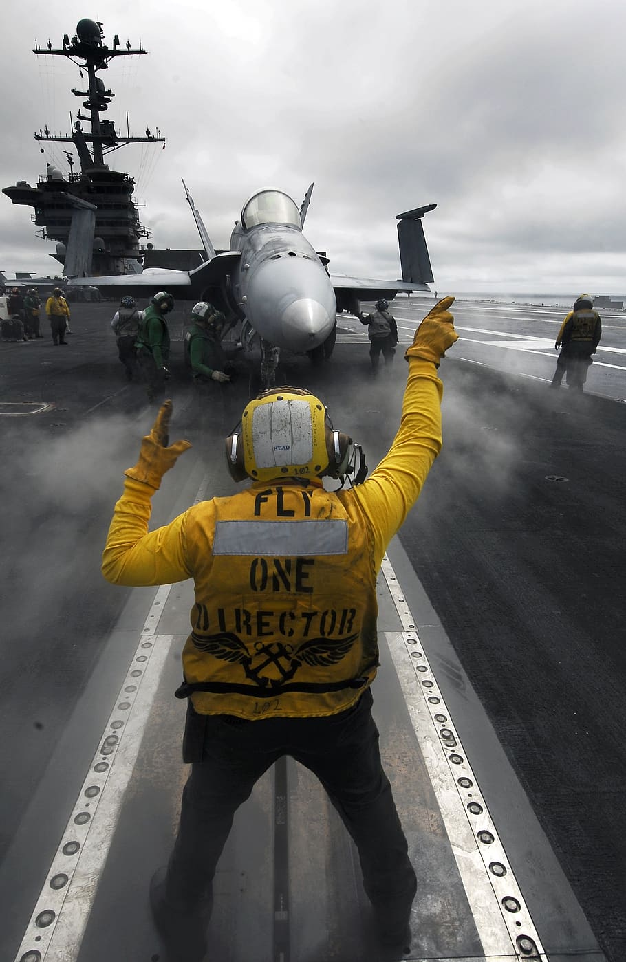 aircraft carrier, jet fighter, flight chief, deck, ship, sea, ocean, water, military, us navy