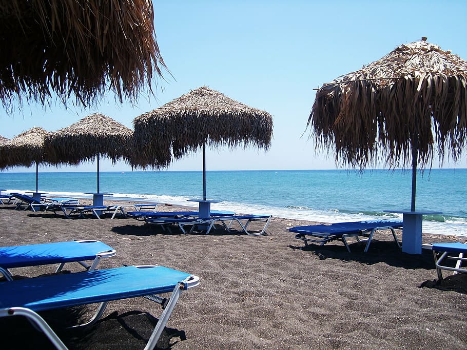 beach, deck chair, sunbathing, sea, sand, black sand, holiday, rest, travel, sun