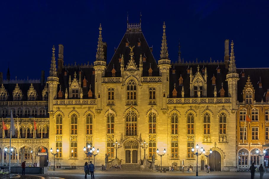 bruges, provinciaal hof, town hall, places of interest, belgium, building, historically, city trip, tourism, night photograph
