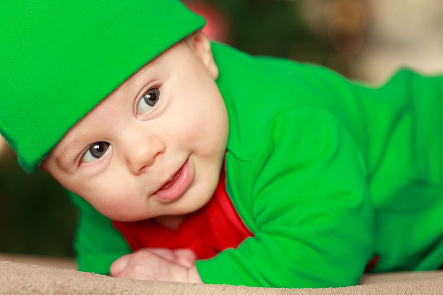 baby, wearing, green, top, hat, baby boy, child, christmas, costume, cute