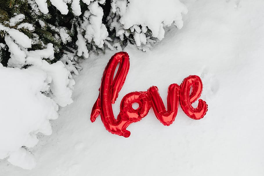 globos, invierno, nieve, al aire libre, San Valentín, febrero, blanco, rojo, globo, forma