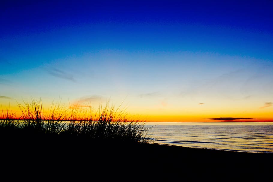 silhouette photography, grass, shoreline, nature, water, sea, ocean, horizon, sunset, sky