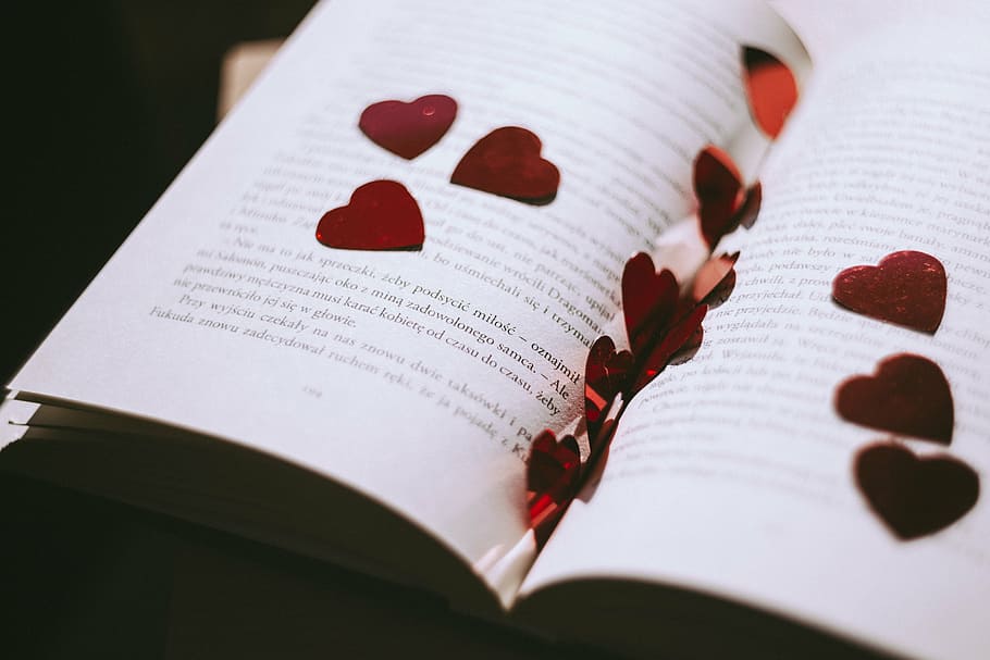 страница книги, печать, сердечки, книга, лепестки, роза, сердце, роман, текст, рассказ