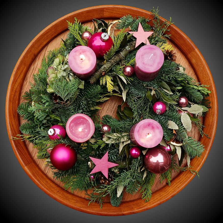 red, candles, baubles decor, advent, advent wreath, christmas, candle, flame, meditative, pink