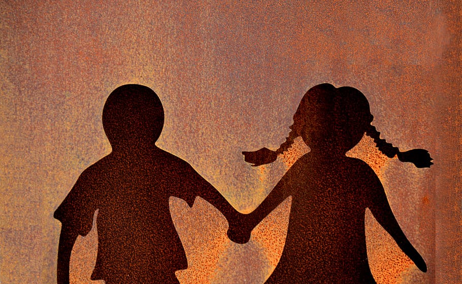 silhouette, boy, girl, holding, hands illustration, boy and girl, holding hands, illustration, children, figures