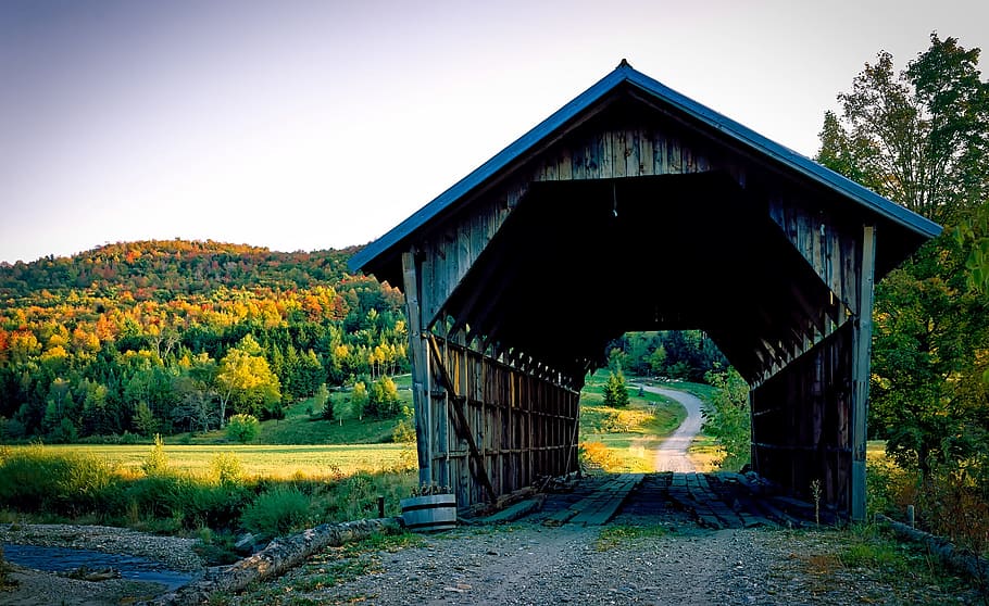 brown, wooden, tunnel house, gray, sky, daytime, tunnel, house, vermont, fall