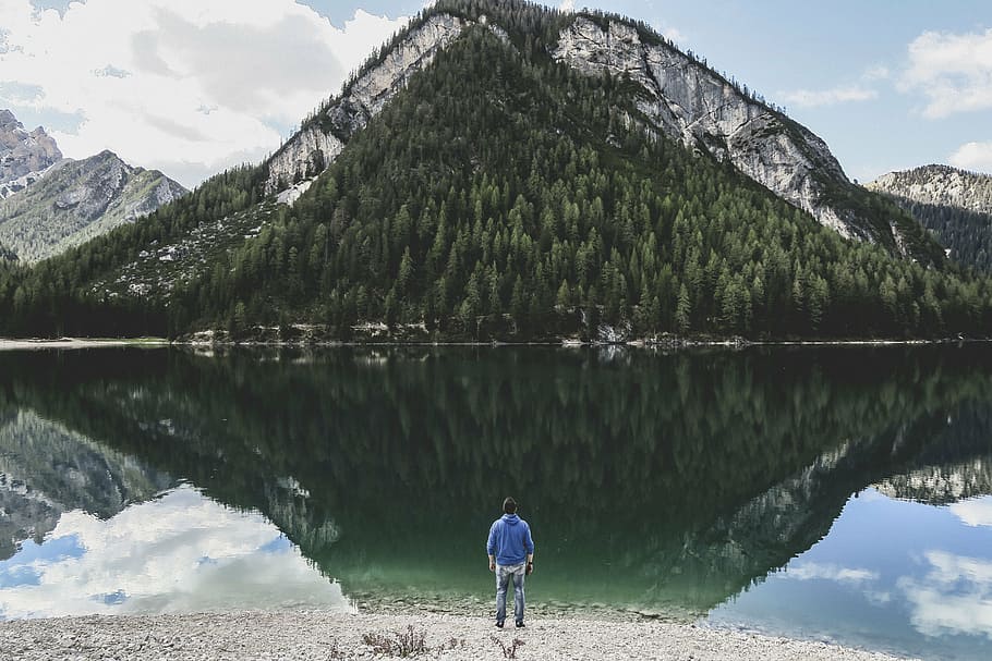 person, standing, body, water, nature, landscape, mountain, woods, forest, reflection
