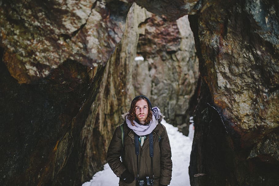 rocks, cave, snow, winter, cold, weather, people, man, guy, one person