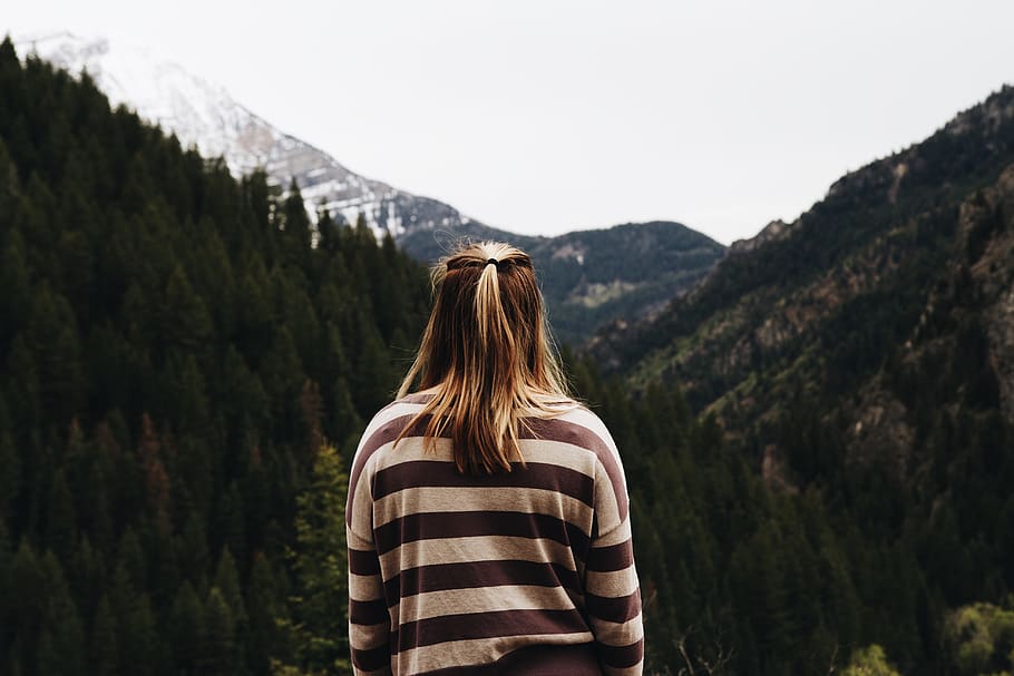 girl, woman, mountains, landscape, nature, outdoors, adventure, looking, people, sweater