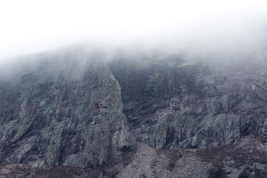 rocks, cliff, fog, mountain, landscape, terrain, climate, nature, outdoors, environment