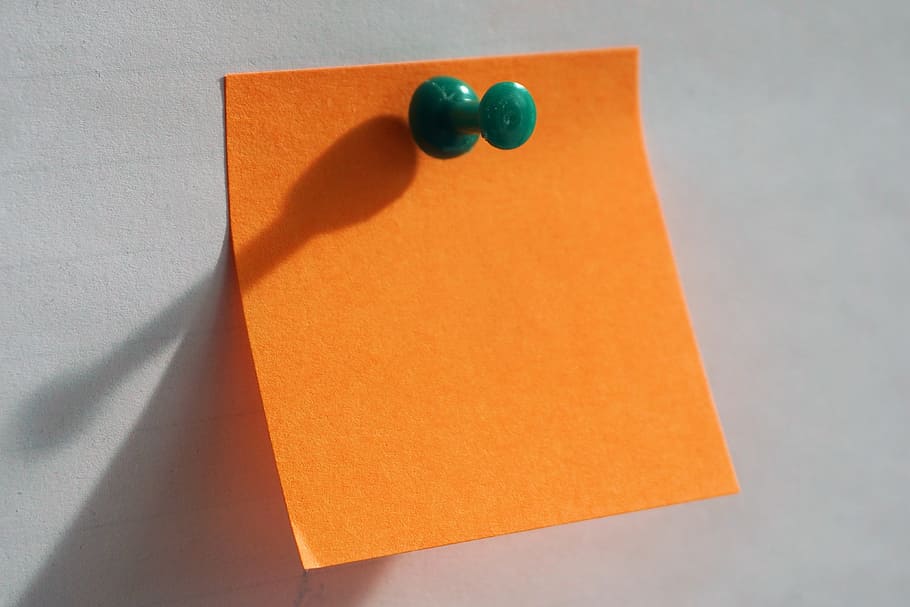 orange, note, green, pin, post it, office, list, memo, memory, paper