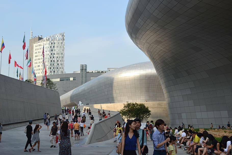 people, gray, concrete, building, daytime, republic of korea, seoul, digital design plaza, the crowd, dongdaemun