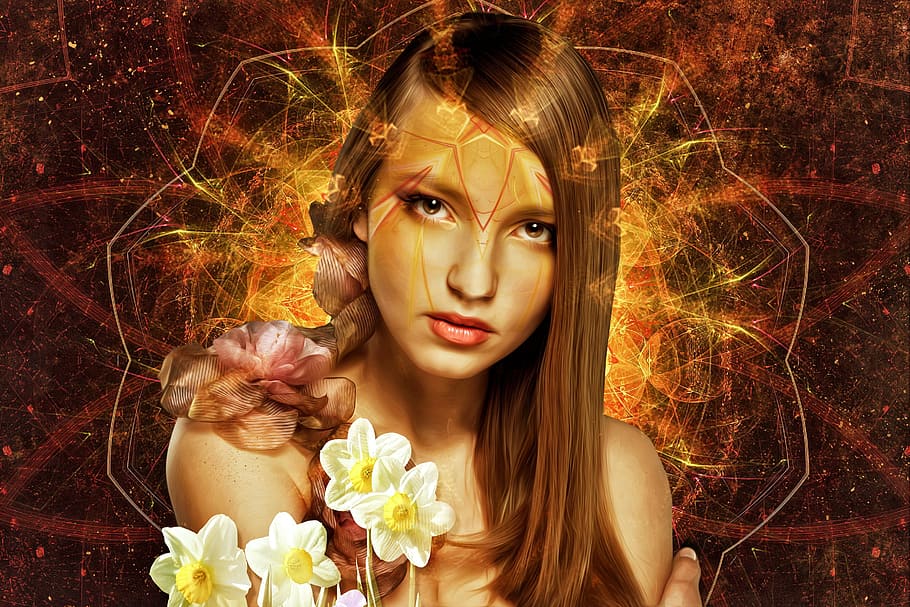 woman, holding, white, petaled flower, graphic, art, beautiful, nature, portrait, girl