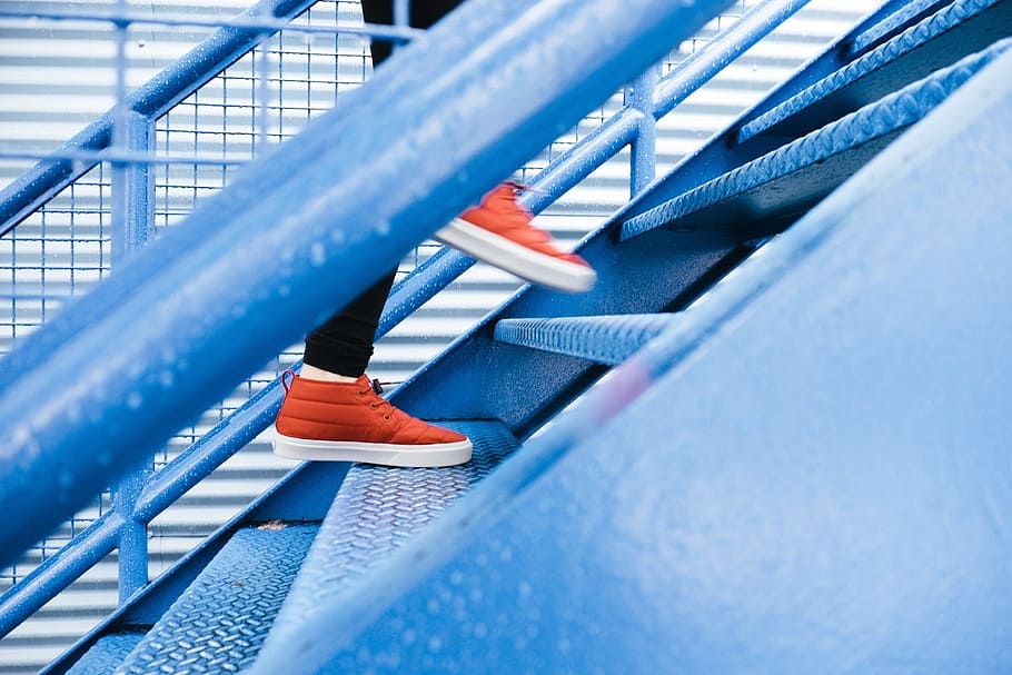pair, orange-and-white, low-top sneakers, steps, staircase, climbing, steps to success, stairs, metal, indoors
