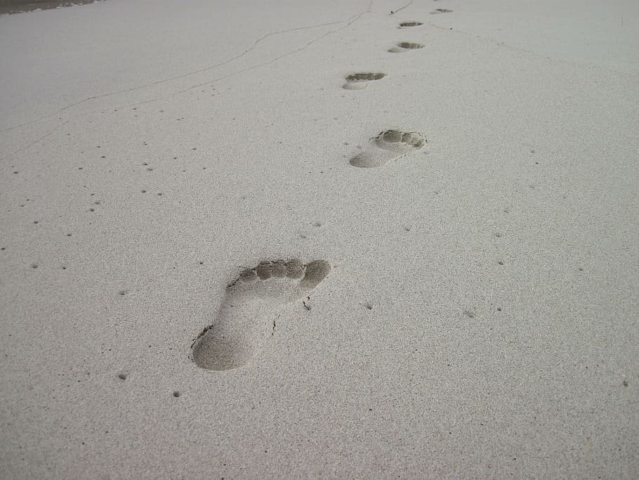 footprints, sand, daytime, beach, footprint, tracks in the sand, barefoot, holiday, land, print