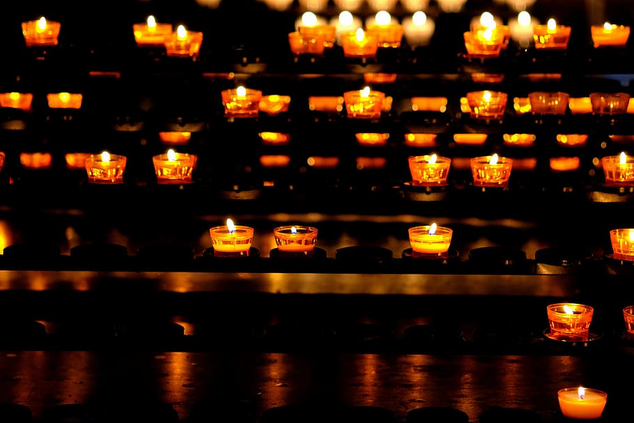 candle with lights, candles, lights, light, church, atmospheric, background, spieglung, dark, yellow