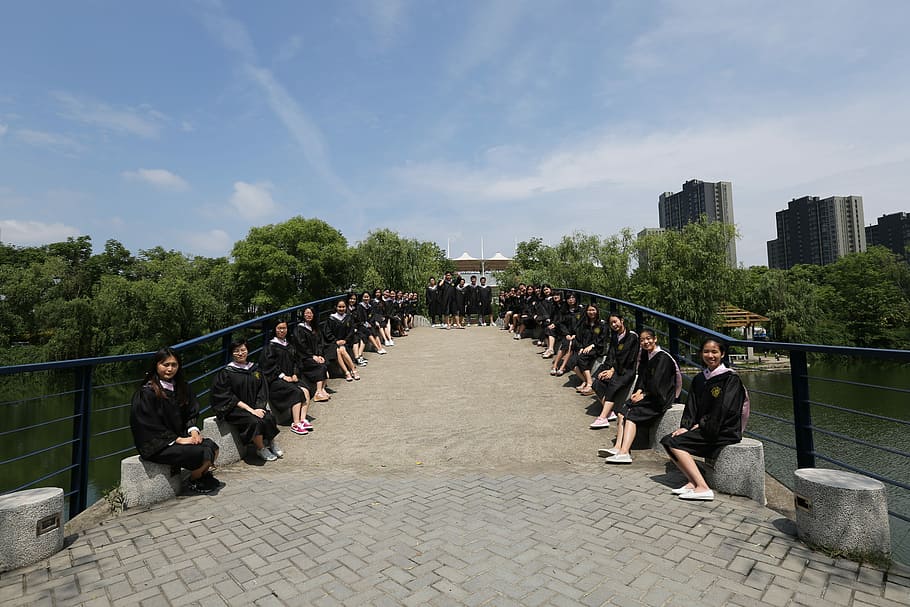 Graduation, University, classmate, in a row, large group of people, day, outdoors, sky, building exterior, real people