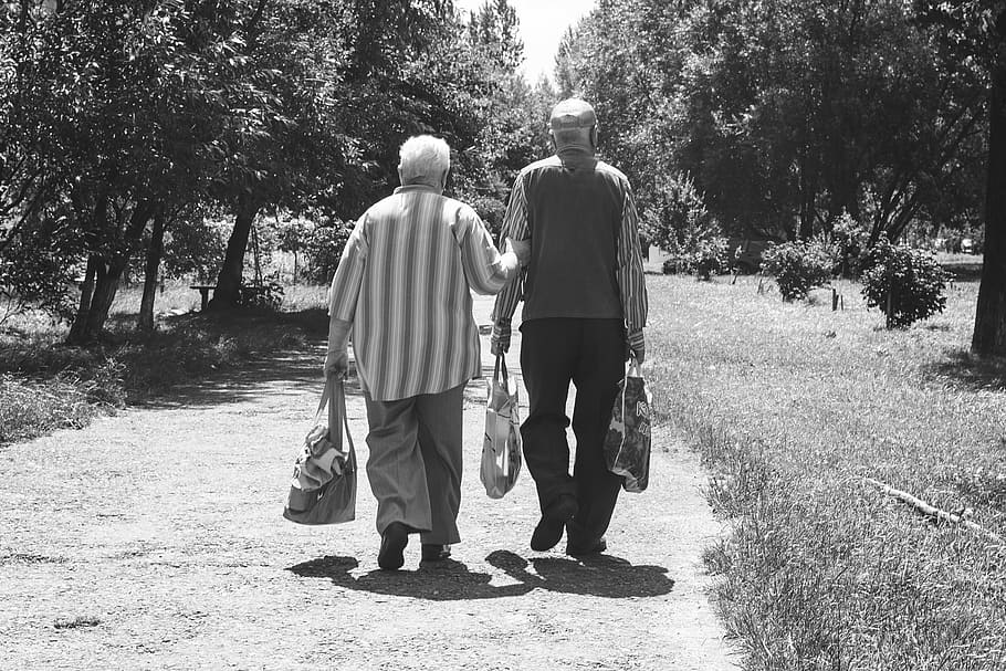 grayscale photo, man, woman, walking, dirt road, old age, pensioners, elder, life style, however