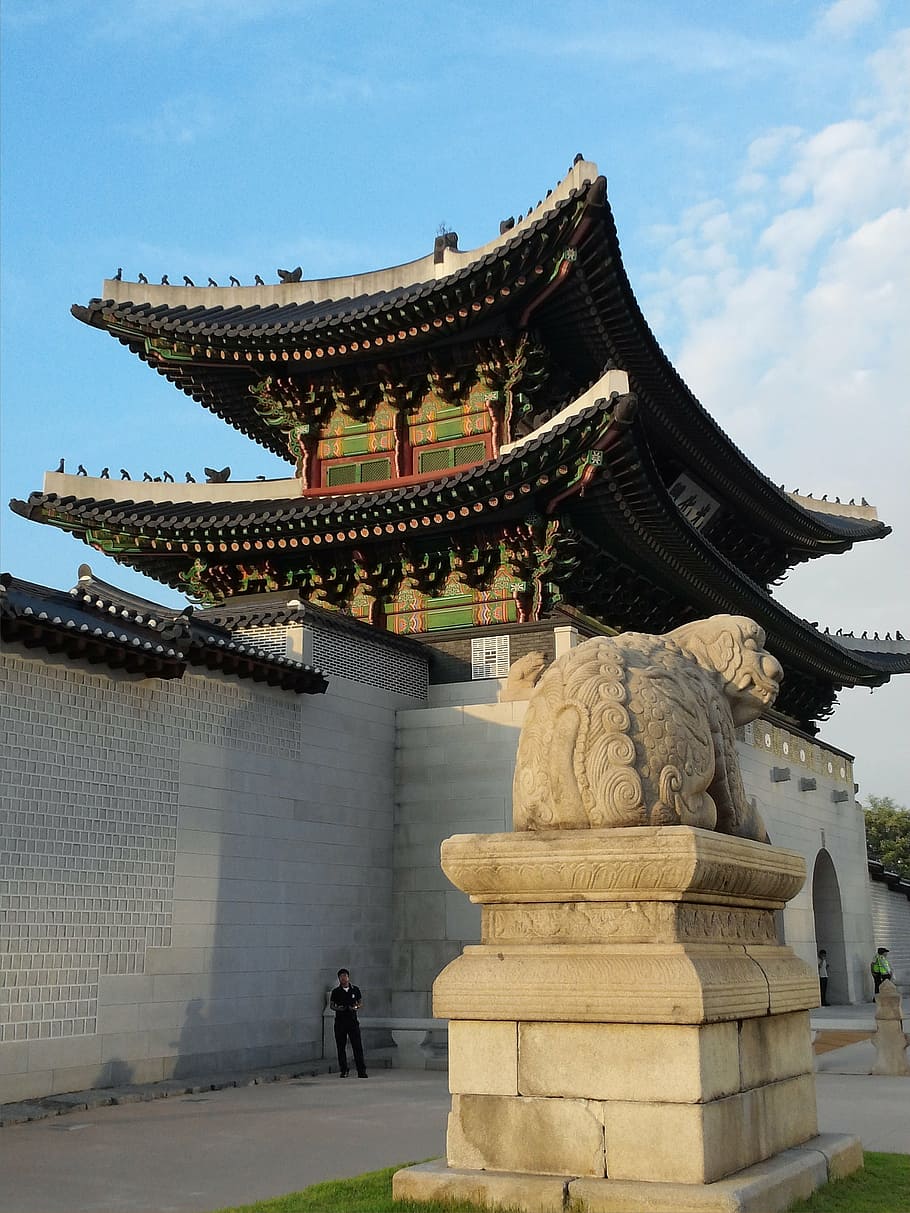república de corea, seúl, gwanghwamun, palacio gyeongbok, escotilla, haitai, cielo, verano, vieja escuela, antigua