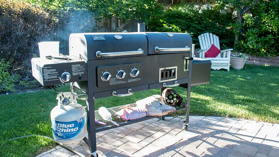 black, outdoor, gas grill, gray, pavement, grill, backyard, bbq, summer, party
