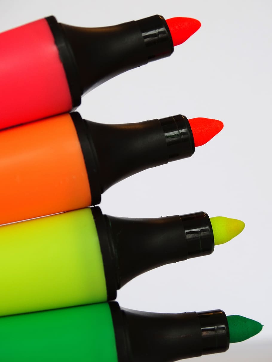 蛍光ペン, カラー, カラフル, 虹色, 赤, 多色, 緑色, 鮮やかな色, スタジオショット, クローズアップ